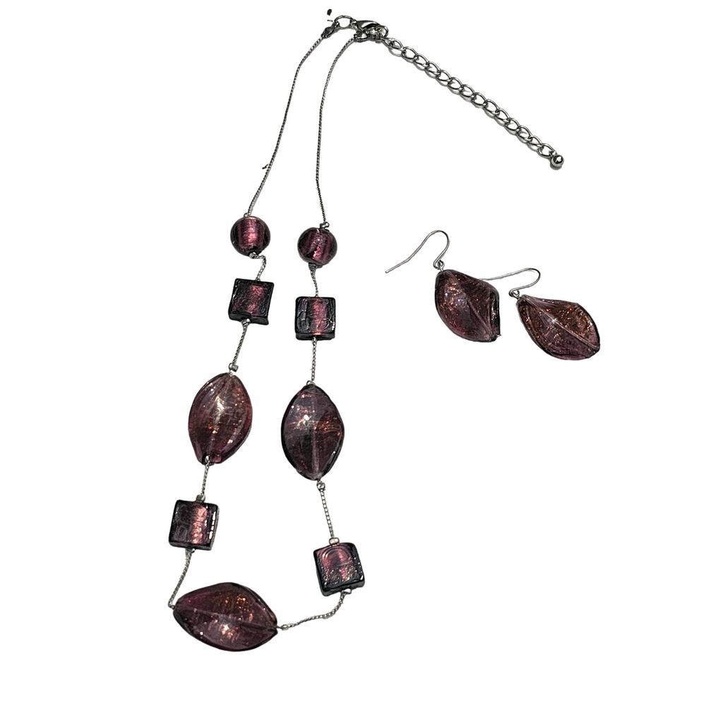 Vintage Purple Glass Bead Necklace‎ And Ear Rings